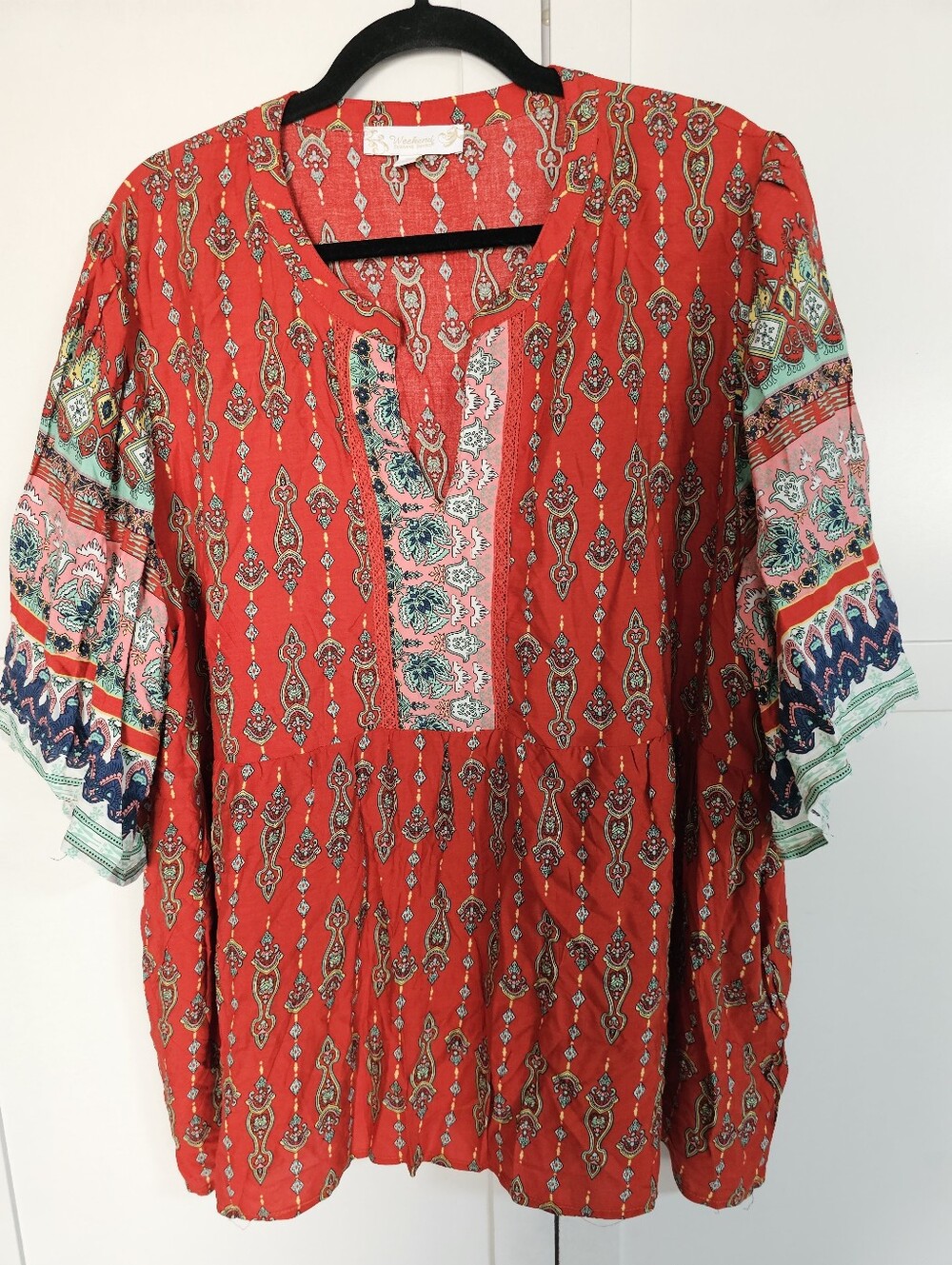 Weekend Suzanne Betro 3X Blouse Womens Plus Red Boho Peasant Floral Tunic Top